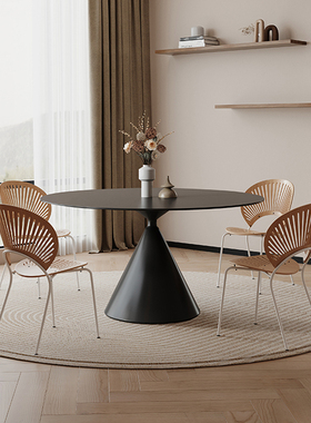 圆形可旋转伸缩岩板沙漏餐桌椅组合侘寂风白色小户型简约现代家具