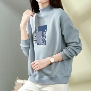 半高领卫衣女加绒宽松秋冬保暖上衣无帽高领打底U衫设计感文艺风