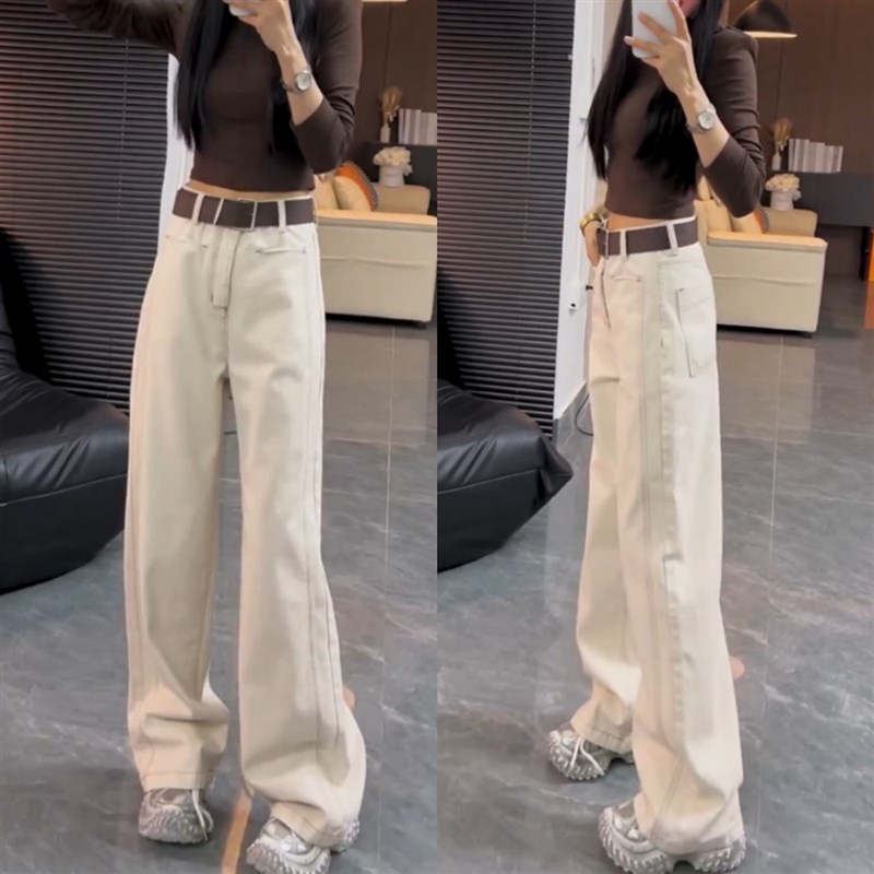 白色高腰窄版阔腿牛仔裤女初秋爆款2024年新款梨形直筒宽松拖地裤