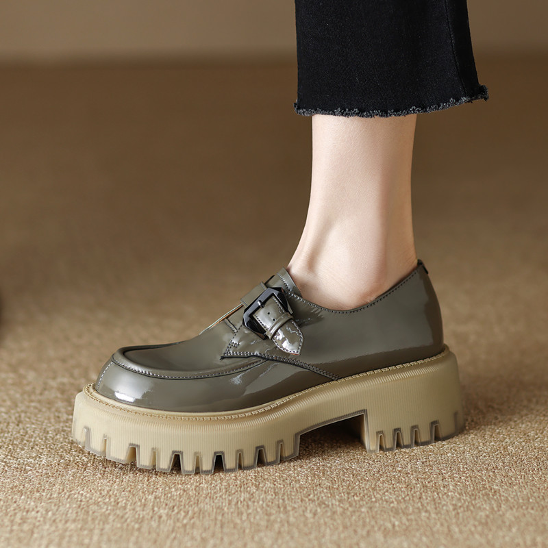 2023春新款真皮厚底绿色英伦风小皮鞋女坡跟松糕底皮带扣懒人单鞋