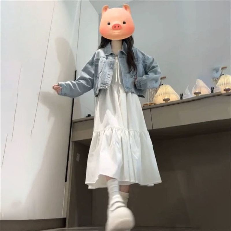 韩系甜美学院风复古蓝色短款牛仔外套女学生叠穿吊带连衣裙两件套图片