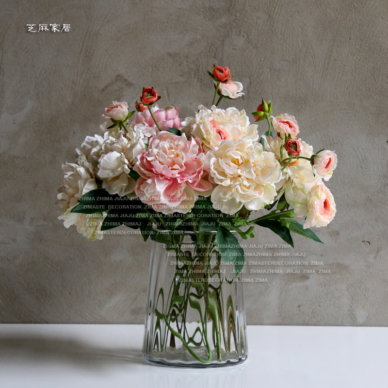 玻璃花瓶客厅餐厅茶几酒店前台木桶状条H纹简约现代风摆件饰品圆