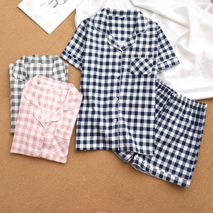 情侣棉布睡衣短袖短裤女夏薄款全棉双层纱布家居服男大码加肥格子
