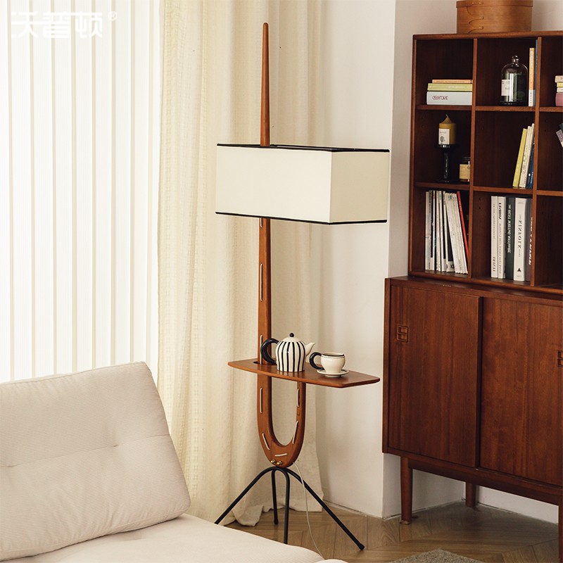 中古边几落地灯实木复古客厅x沙发卧室床头置物立式灯一体摆件装