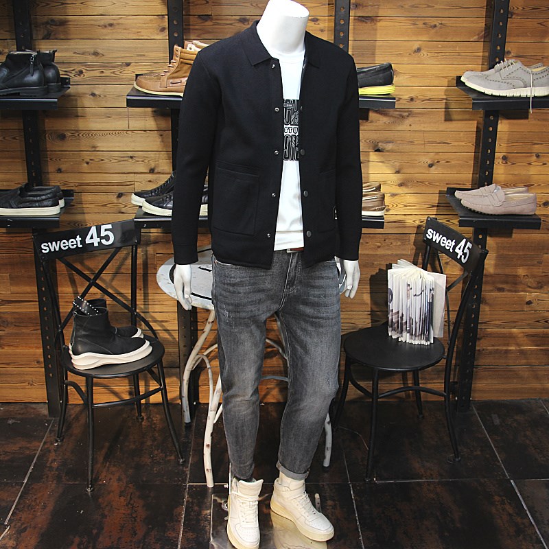 秋冬男士简单净版翻领针织夹克时尚青年修身休闲百搭毛衣开衫外套