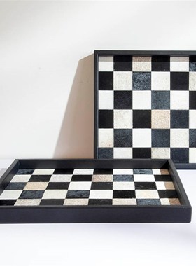 现代简约手工高端金属皮革黑白马毛托盘收纳创意家居摆件茶几样板