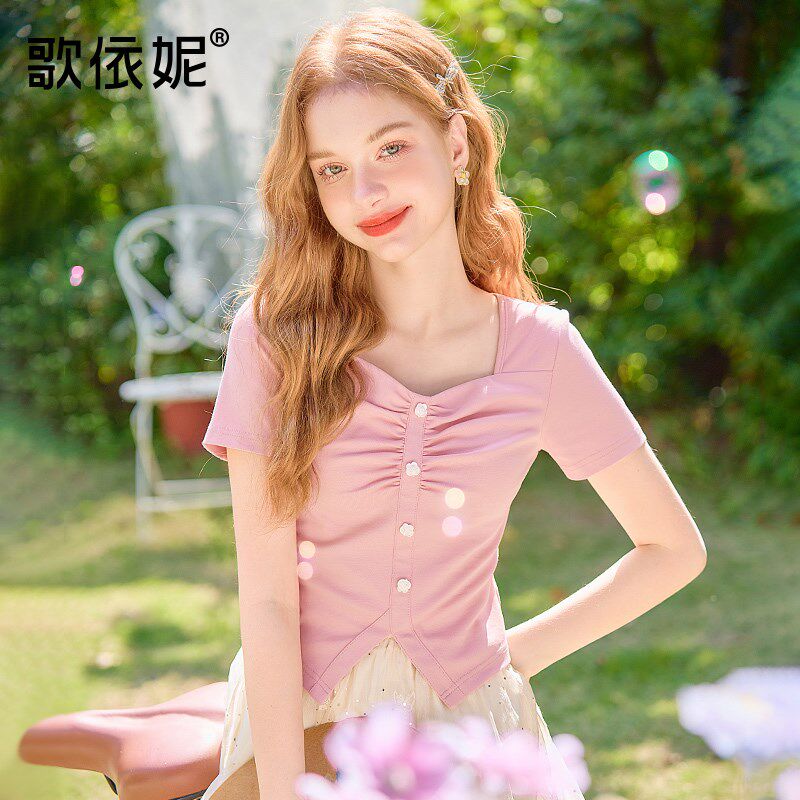 夏季新款女甜美粉色短款收腰设计感修身针织短袖T恤衫上衣