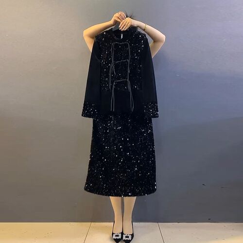 大码女装盘扣亮片马甲p长袖打底衫半身裙胖妹妹黑色显瘦时尚三件