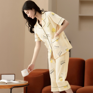 宽y松大码 纯棉套装 七分裤 新款 家居服两件套 睡衣女士夏季 夏款 短袖