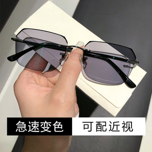 400 300 500度成品辐射复古男 200 配防蓝光变色无框近视眼镜100