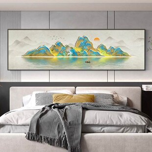 卧室装 饰画背靠金山卧床头背景墙壁画酒店宾馆房间挂画级感