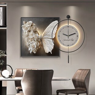 高级感蝴蝶挂钟背景墙装饰画浮雕立体感餐桌时钟客厅钟表挂墙