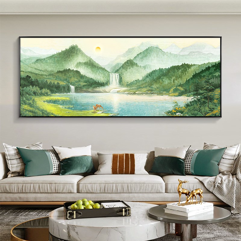 聚宝盆客厅饰画纯手绘油画沙发背景墙聚财挂画西墙山水风景壁画