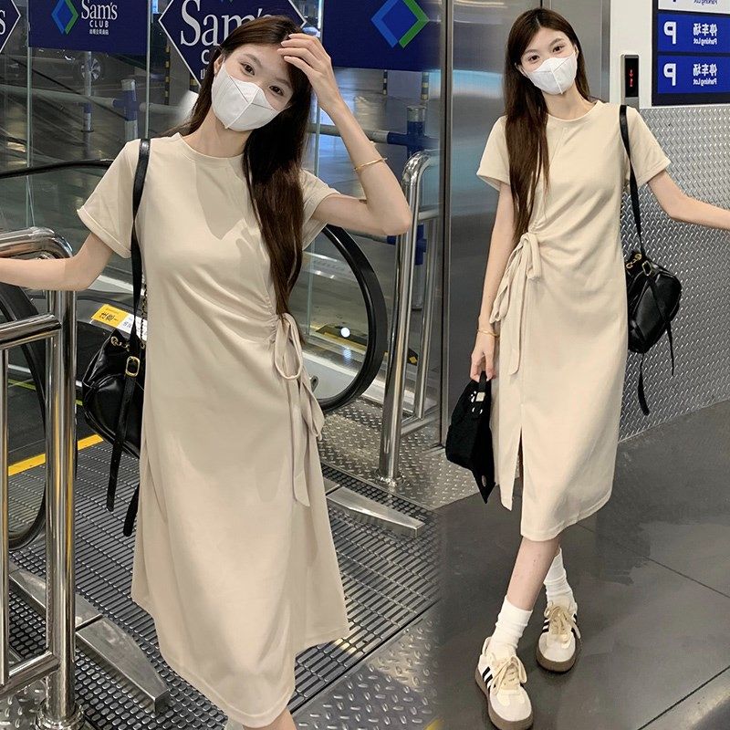 孕妇装夏装时尚抽绳褶皱短袖连衣裙夏季简约裙子韩版纯色孕妇裙夏