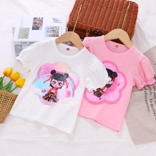 女童纯棉变色亮片哪吒短袖t恤25夏款小女孩宝宝儿童敖丙半袖上衣