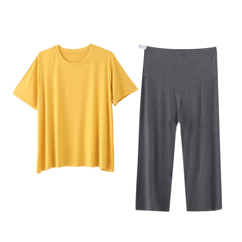 孕妇睡衣不勒肚子不带哺乳口短袖长裤小个子夏季外穿两件套家居服