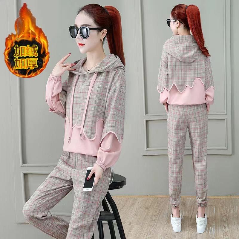 时尚卫衣套装女秋冬季新款大码宽松加绒加厚小个子显瘦长裤两件套