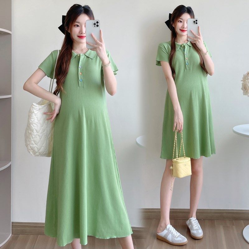 孕妇装夏装短袖翻领针织哺乳连衣裙2025新款孕妇裙夏季怀孕裙子夏