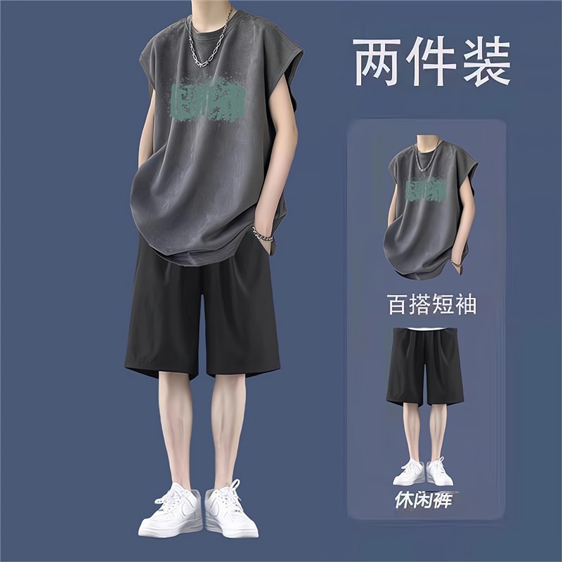 美式潮牌纯棉背心男士套装夏季休闲运动男装一整套搭配青少年短裤
