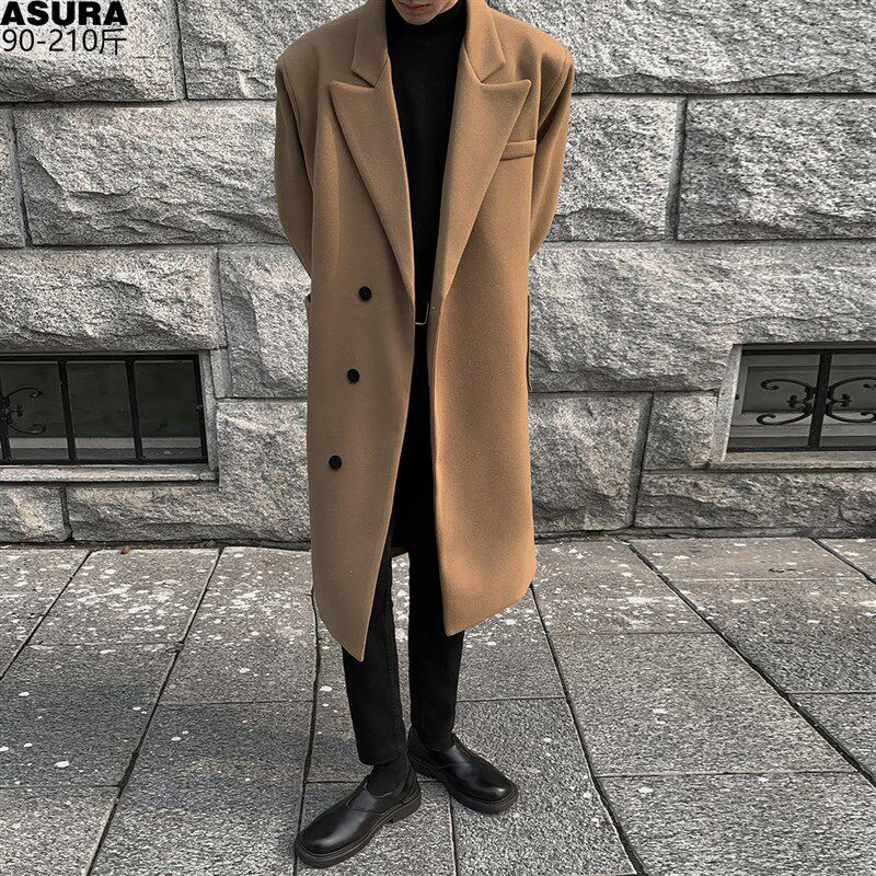 过膝中长款毛呢大衣男加肥加大码潮流胖子宽松韩版西装外套秋冬季