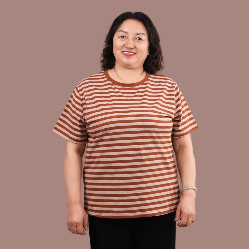 2025新款夏装妈妈透气上衣服女中老年加大码胖奶奶纯棉条纹T恤衫