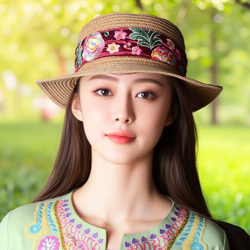草帽帽子太阳帽礼帽防晒遮阳韩版百搭沙滩英伦刺绣民族风云南旅游