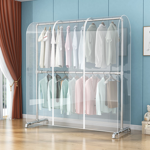 简易家用单杠式晾衣架落地室内不锈镀锌钢管卧室挂衣服架带防尘罩