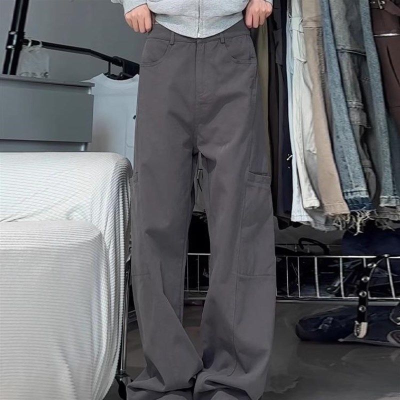 美式复古阔腿牛仔工装裤女秋季新款灰色高腰宽松显瘦休闲直筒裤子,女装/女士精品,卫裤,淘宝优惠券,粉丝福利购,淘宝优惠卷