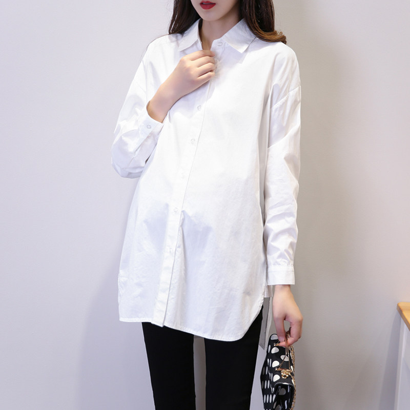 2023孕妇装新款宽松版大码衬衫春装孕妇翻领打底上衣春秋白衬衣韩