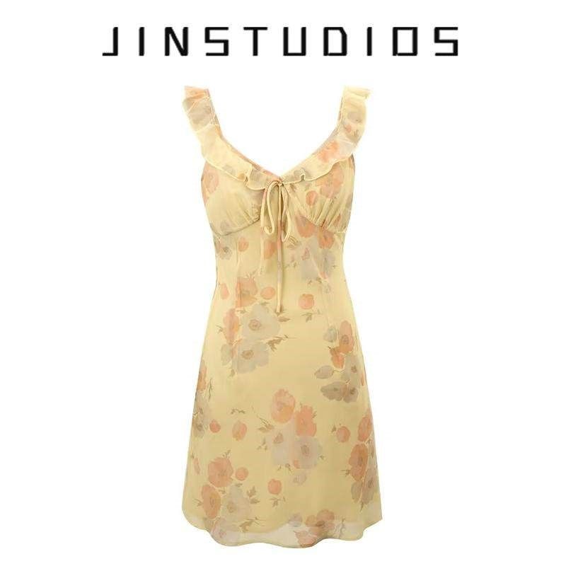 纯欲辣妹度假风领口系带花朵印花荷叶边吊带裙显白显瘦连衣裙短裙,女装/女士精品,连衣裙,淘宝优惠券,粉丝福利购,淘宝优惠卷