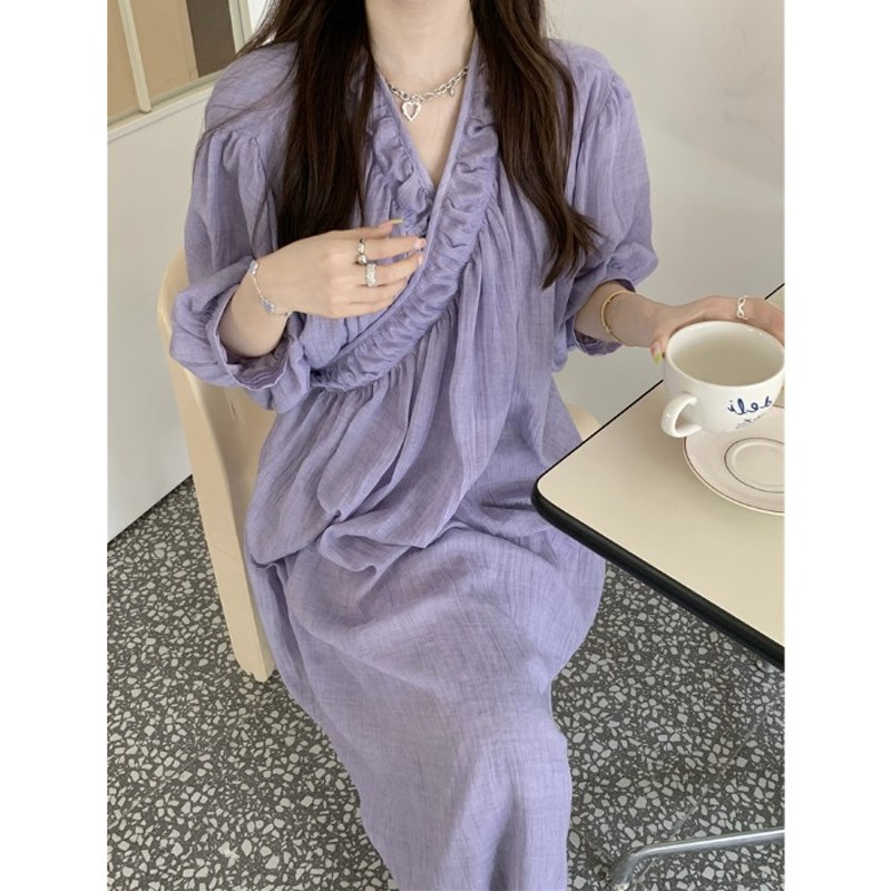 孕妇连衣裙夏季时尚大码宽松显瘦V领长裙夏天泡泡袖中长款裙子夏