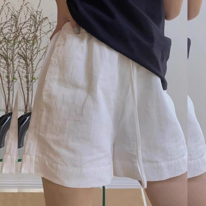 白色棉麻孕妇短裤夏季薄款阔腿裤松紧腰抽绳亚麻a字五分裤无托腹