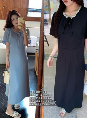 NAZ那子大码夏季双层菱形手工钻领高级感洋气胖mm减龄收腰连衣裙