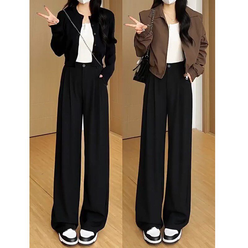 窄版阔腿裤女夏季2025新款高级感垂感西裤小个子黑色直筒西装裤子