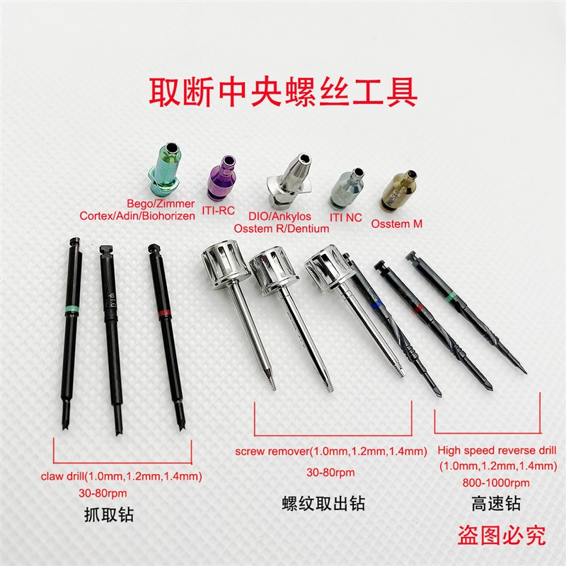 种植体 基台 断螺丝取出工具中央螺丝取出钻种植失败应急工具