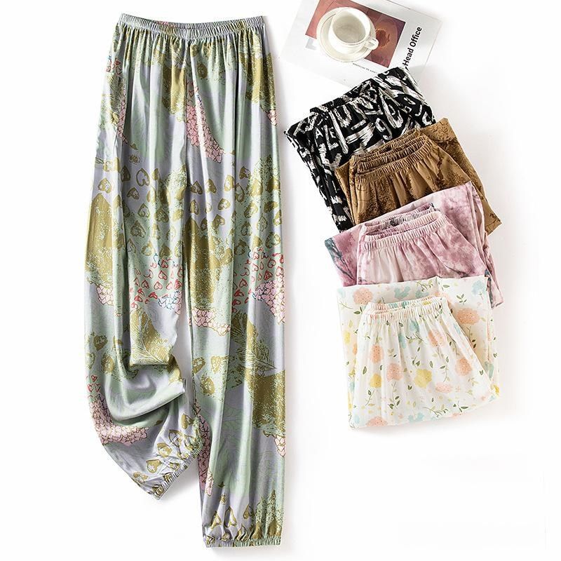 薄款人造棉防蚊裤夏季棉绸睡裤女士可外穿宽松沙滩束口家居长裤子