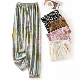 薄款人造棉防蚊裤夏季棉绸睡裤女士可外穿宽松沙滩束口家居长裤子