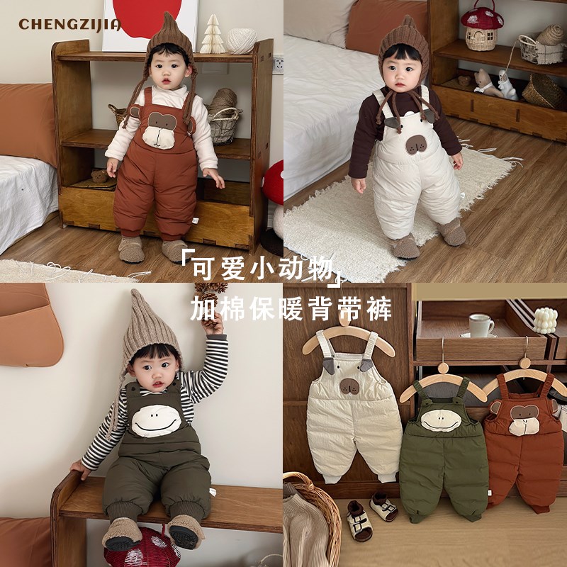 男童冬季背带裤套装洋气女宝宝加厚打底衫婴幼儿卡通动物保暖棉裤
