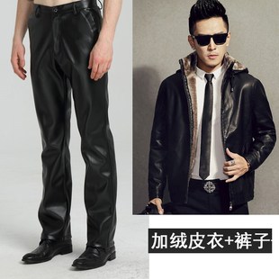 男加厚加绒一套机车冬季 套装 保暖休闲 皮衣皮裤 骑行摩托车外卖男士