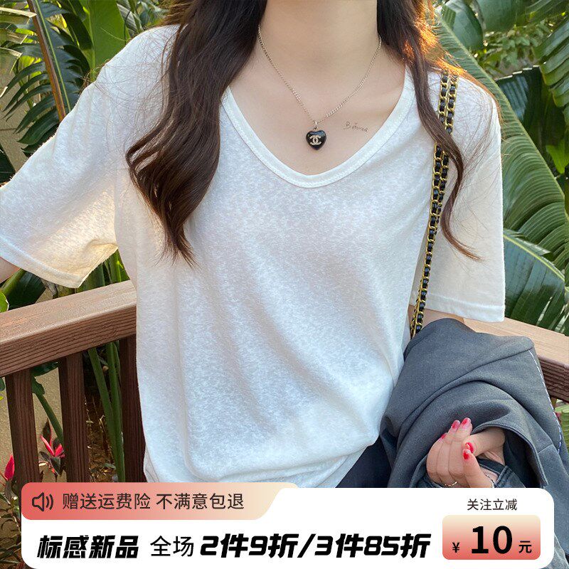 白色竹节棉短袖T恤女夏季宽松V领体恤2024新款薄款冰丝亚棉麻上衣