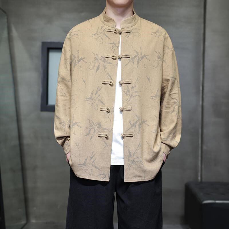 中国风立领唐装春秋款男式复古中山装新中式茶服棉麻盘扣衬衣外套