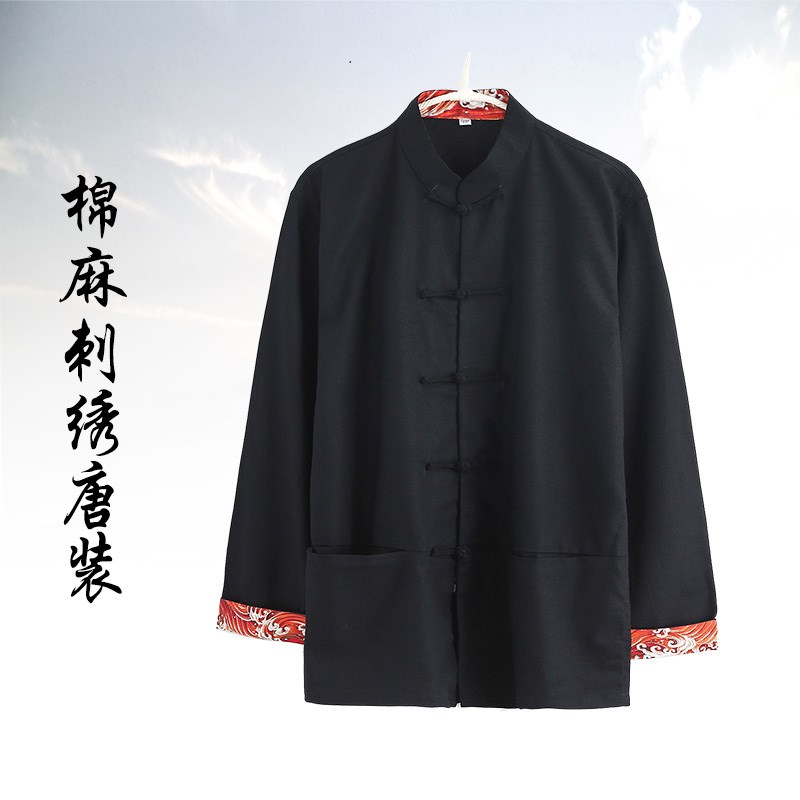 唐装男青年中式潮男刺绣衬衣棉麻长袖外套复古立领佛系汉服情侣装