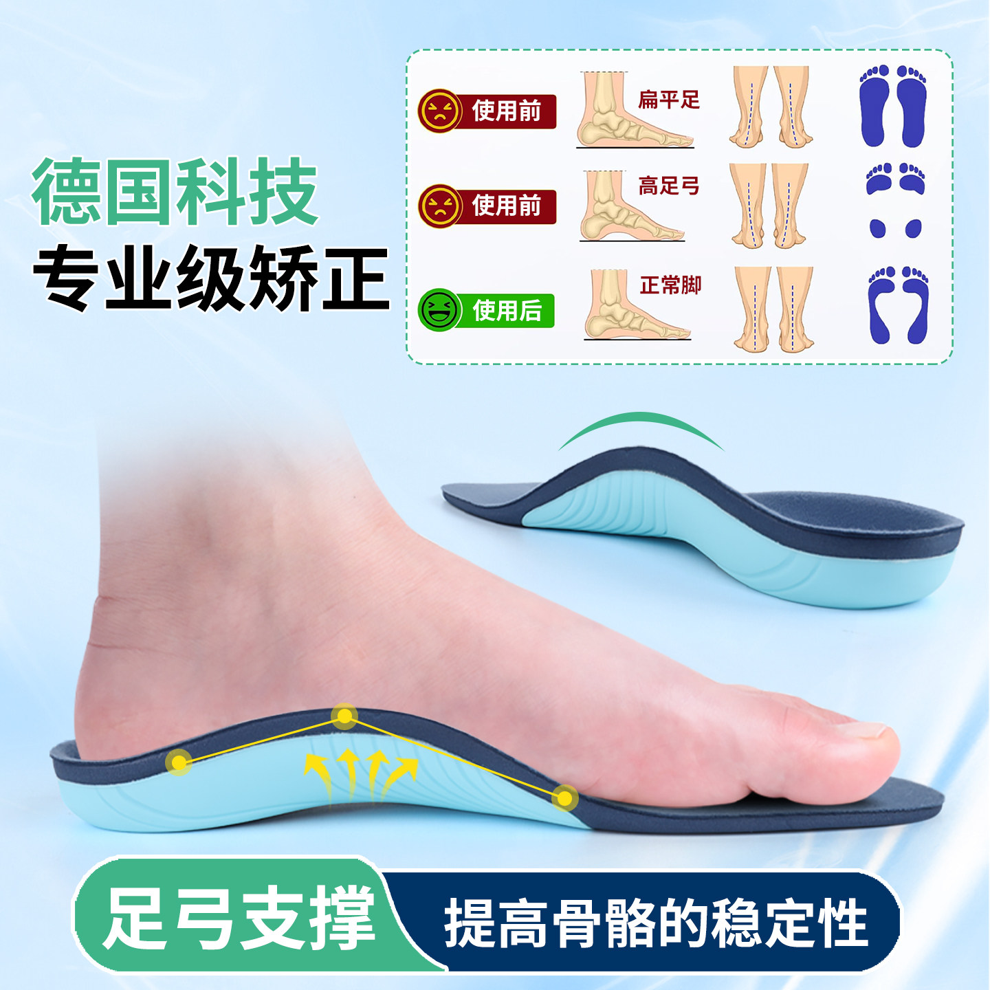 德国足弓强力支撑型鞋垫高足弓足外翻改善外八扁平足矫正功能鞋垫