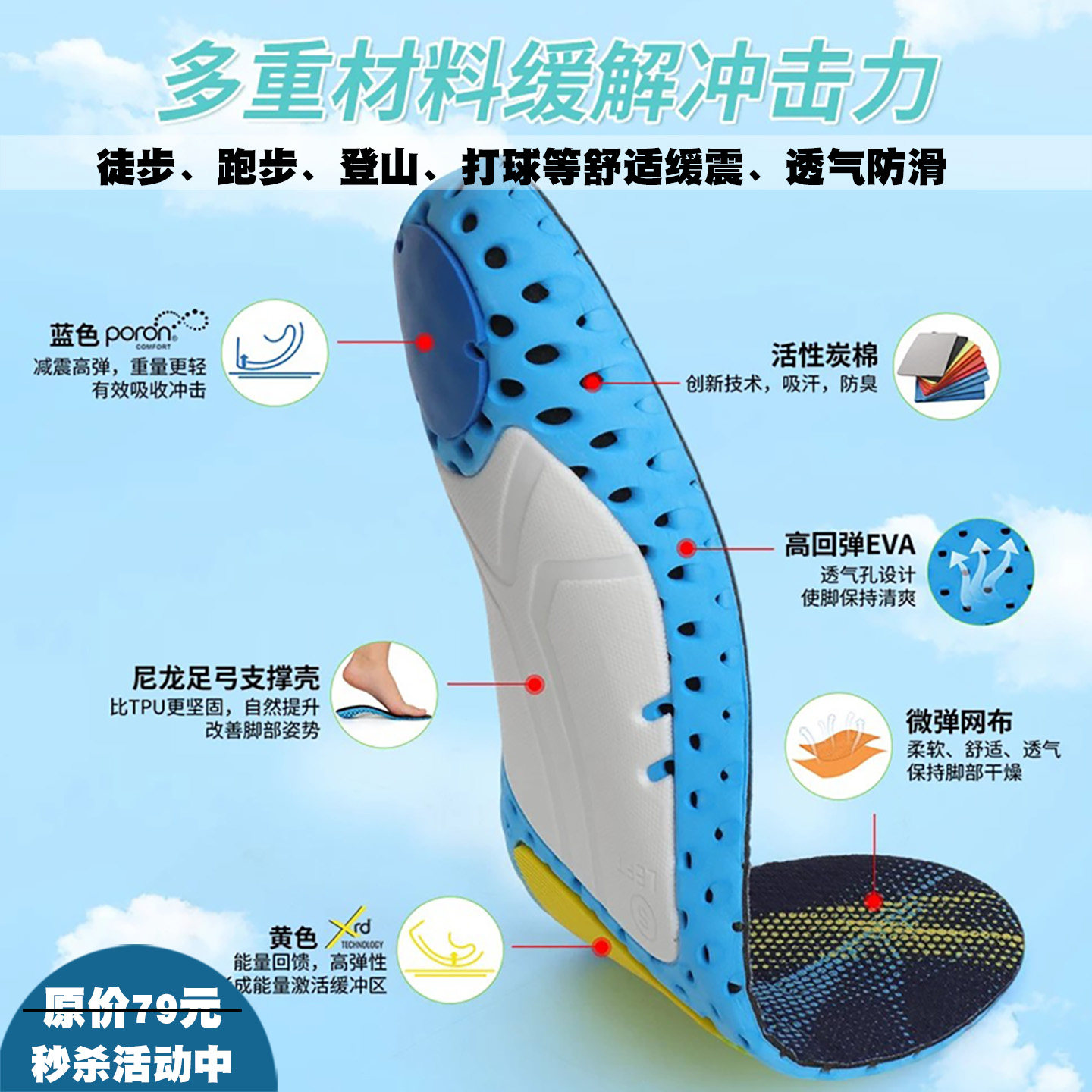 足弓支撑软弹舒适减震运动鞋垫