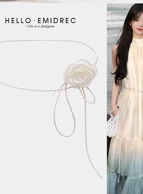 茶花腰炼女士花装饰带裙裙白腰绳细高端2025新款式