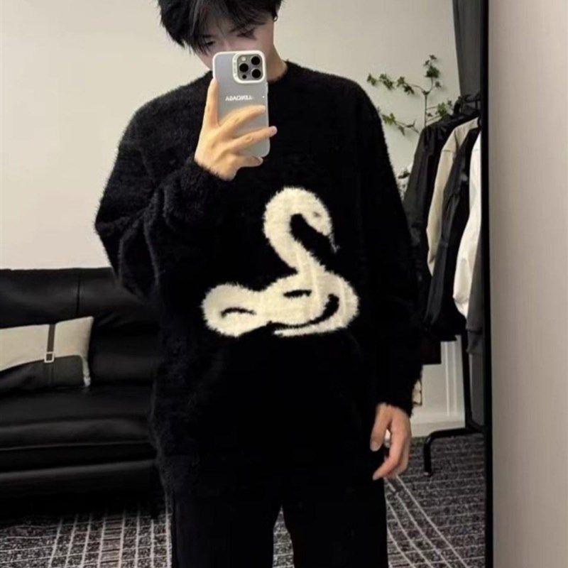 慵懒风黑色毛衣男秋冬美式覆古圆领针织衫小众设计宽松情侣上衣服