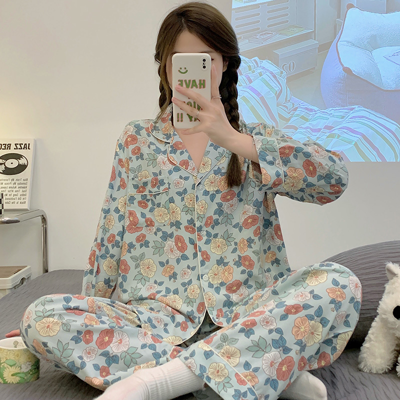 2023年c新款夏季薄款长袖人造棉绸睡衣套装女士绵绸家居服外穿大