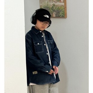 儿童外套秋冬牛仔衬衣大童蓝色夹棉衬衫加厚保暖长袖棉服开衫潮牌