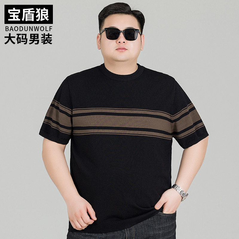 胖子大码宽松撞色针织衫短袖内搭上衣加肥男款秋季套头运动毛线衣
