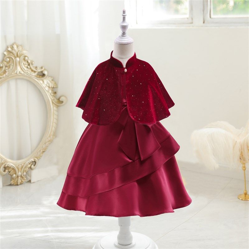 女童连衣裙高端钢琴演出服礼服裙公主裙外搭酒红丝绒披肩两件套装